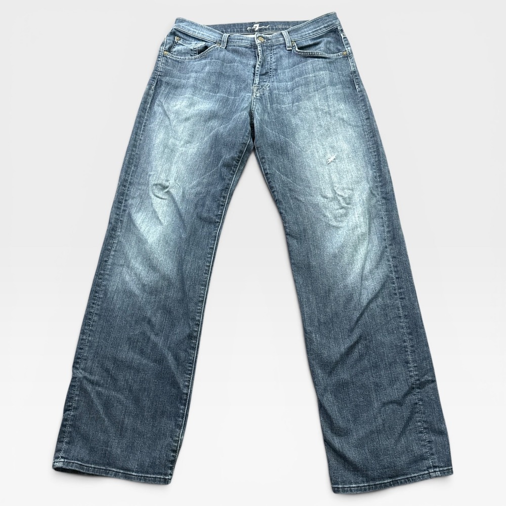 7 For All Mankind Relaxed Fit Jeans Mens 34 Blue Button Fly Distressed Hem